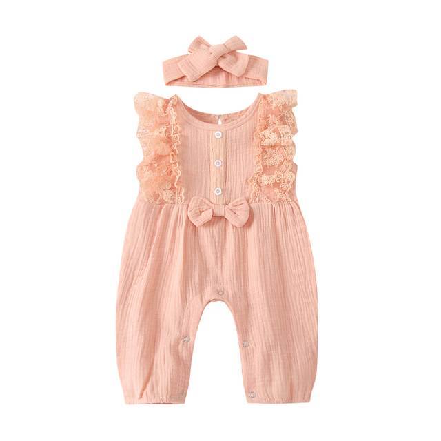 Baby Girl Two-piece Cotton And Linen Jumpsuit and Headband Set