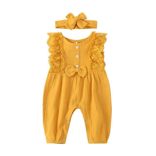 Baby Girl Two-piece Cotton And Linen Jumpsuit and Headband Set