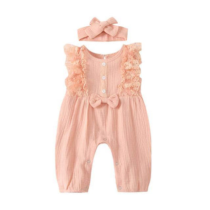 Baby Girl Two-piece Cotton And Linen Jumpsuit and Headband Set