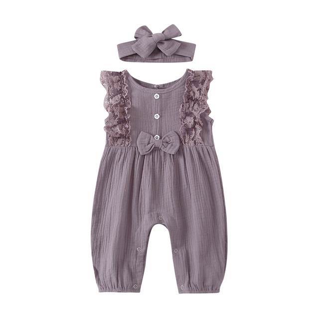 Baby Girl Two-piece Cotton And Linen Jumpsuit and Headband Set