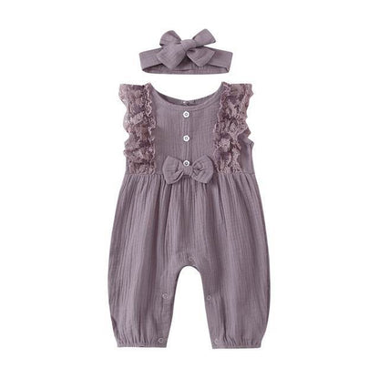 Baby Girl Two-piece Cotton And Linen Jumpsuit and Headband Set