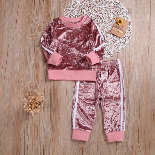 Girls velour soft tracksuit set pink/silver grey