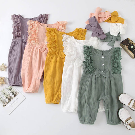Baby Girl Two-piece Cotton And Linen Jumpsuit and Headband Set