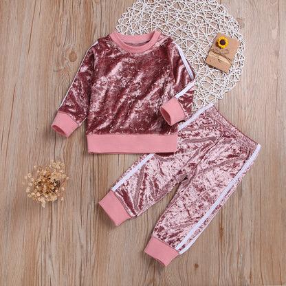 Girls velour soft tracksuit set pink/silver grey