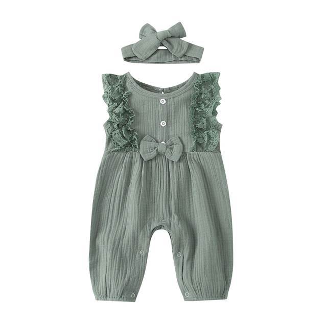 Baby Girl Two-piece Cotton And Linen Jumpsuit and Headband Set