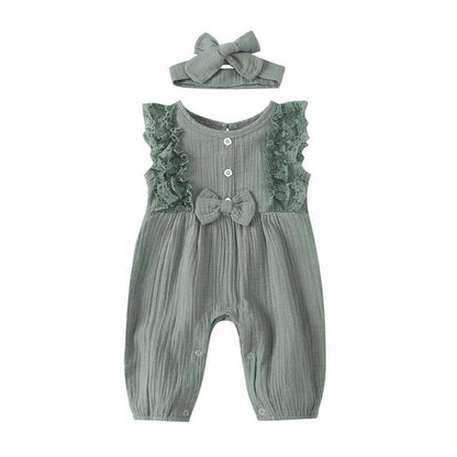 Baby Girl Two-piece Cotton And Linen Jumpsuit and Headband Set