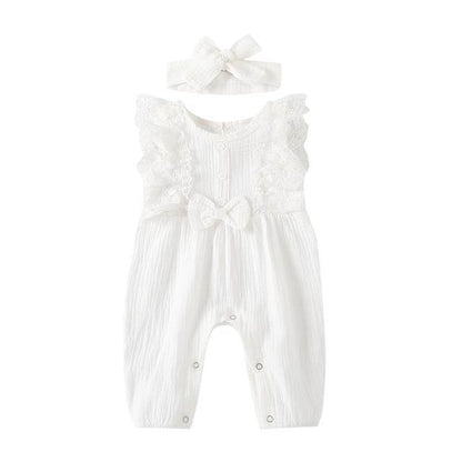 Baby Girl Two-piece Cotton And Linen Jumpsuit and Headband Set